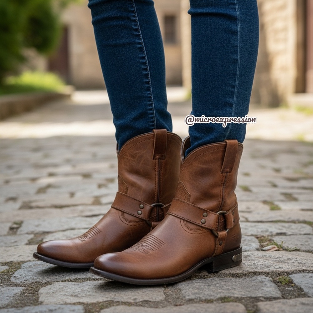 Frye Wyatt Harness Cognac Leather Cowboy ShortBoot